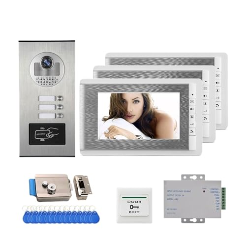 SMTYXS 7-Zoll-Video-Türsprechanlage Türklingel-Gegensprechanlage + RFID-Zutrittskontrollkamera for 2/3/4 Multi-/Familienwohnungen Elektroschloss(530-V70C-3) von SMTYXS