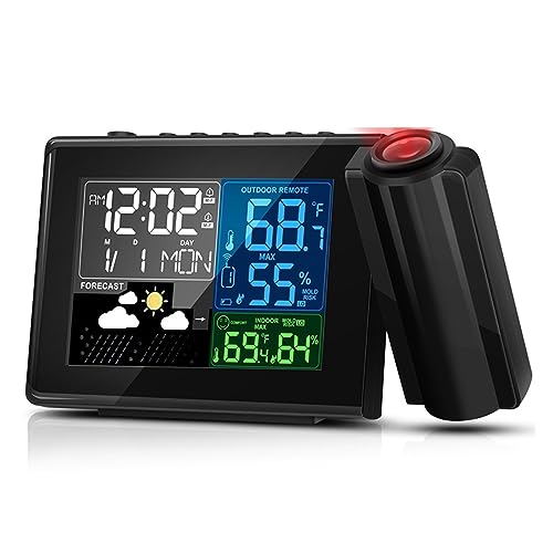 Wetterstation Drahtloses Außenthermometer Wettervorhersage Projektionswecker Mit Temperatur Und Luftfeuchtigkeit von SMTYXS
