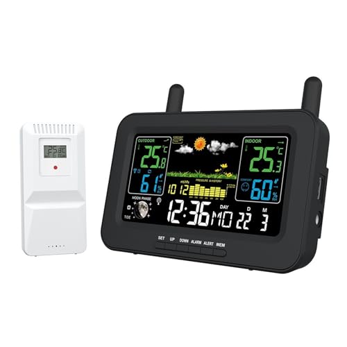 Wifi Wireless Thermometer Hygrometer Indoor Outdoor APP Steuerung Wetterstation Uhr Digitale Temperatur Feuchtigkeit Monitor(Black) von SMTYXS