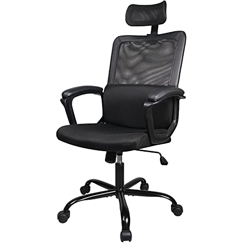 Bürostuhl, Ergonomischer Netzstoff, Home Office Computerstuhl mit Lendenwirbelstütze/Verstellbare Kopfstütze/Armlehne und Rollen/Mesh Hohe Rückenlehne/Drehgelenk Rolling (Schwarz) von SMUG