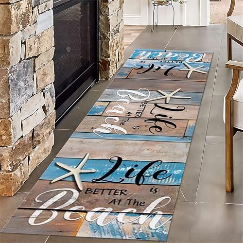 Meer Strand Großer Teppich, 80x300cm, Vintage Küstendeko Seestern Eingangsmatte, Holzplattendruck Faltbar rutschfest Weich Geräuschreduzierung Teppiche für Terrasse Schlafzimmer von SMXVRC