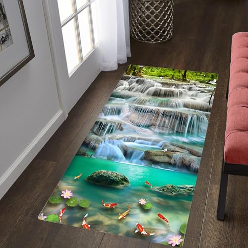 SMXVRC Berg Wasserfall Landschaft Dekorative Teppiche, 80x220cm, Wald Kranich Teich Karpfen lang Flurteppich, Leichtgewichtig Langlebig Farbbeständig Hochwertiger Teppich für Innenbereich von SMXVRC