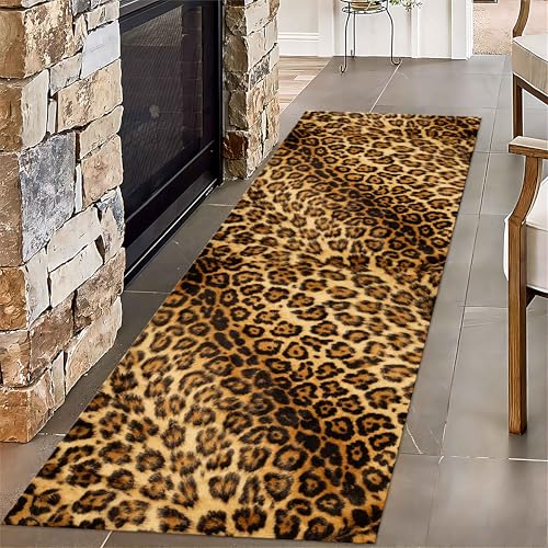 SMXVRC Braun Tier Fell Wohnzimmer Teppich, 60x120cm, Retro Leopardenmuster Haut Designer Teppich, Haustierfreundlich Saugfähig Faltbar Knitterfrei Teppiche für Badezimmer Restaurant von SMXVRC