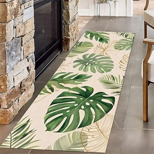 SMXVRC Grün Monstera Dekorative Teppiche, 80x300cm, Luxus Tropische Pflanzen Bedruckter Teppich, Bodendekoration Anti-Haarausfall Dünn Kurzflor Haustierfreundlich Teppich für Innenbereich von SMXVRC