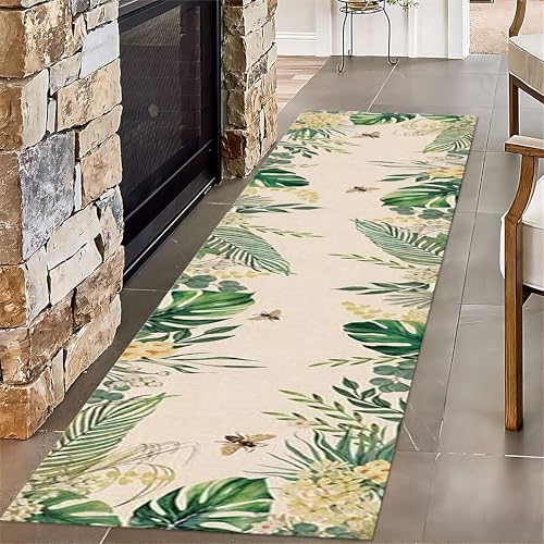 SMXVRC Grüne Pflanzen Wohnzimmerteppich, 80x220cm, Dschungel Palmblätter Blumen Flurteppich, Langlebig Farbbeständig Bodenbelag Kurzflor Wasserabweisend Teppiche for Terrasse Flur von SMXVRC