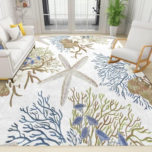 SMXVRC Küstengebiete Navigation Teppich für das Wohnzimmer, 70x140cm, Meeresboden Seestern Muschel Esszimmerteppich, Faltbar Wohnzimmerdekoration Bedruckter Teppich für Schlafzimmer von SMXVRC