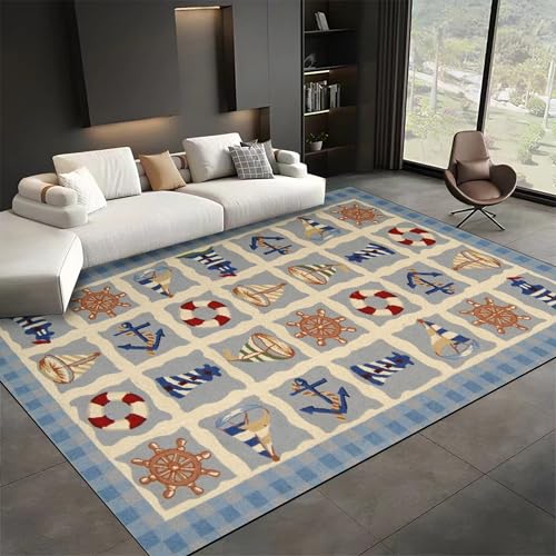 SMXVRC Nautisches Thema Teppich für das Wohnzimmer, 140x200cm, KüSte Anker Ruder Leuchtturm FläChenteppiche für Schlafzimmer, Maschinenwaschbar Weich Kurzflor Kinderteppich für Esszimmer Heim von SMXVRC