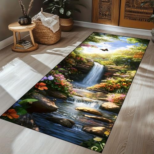 SMXVRC Schöner Garten Eingangsteppich, 60x150cm, 3D Blumen Gras Wasserfall Schlafzimmerteppich, Kurzflorig Leichtgewichtig Langlebig Farbbeständig Hochwertiger Teppich für Innenbereich von SMXVRC