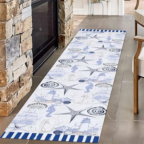 SMXVRC Seestern Muschel Flurteppich, 60x120cm, Küstenlandschaft Nautisches Thema Großer Teppich, Anker Leuchtturm Nautische Dünn Haustierfreundlich Dekoration Bodenmatte für Esszimmer von SMXVRC