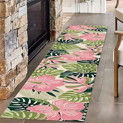 SMXVRC Tropische Pflanzen Blumen Eingangsteppich, 80x300cm, Palmblätter Pflanzen Wald Teppich für den Innenbereich, Weich Dünn rutschfeste Rückseite Faltbar Teppich für Büro Waschküche von SMXVRC