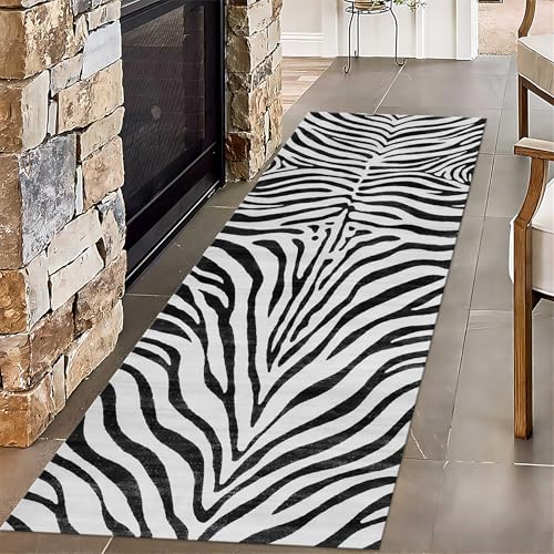 SMXVRC Zebra-Print Lange Flurteppichläufer, 60x120cm, Schwarz Weiß Zebrafell Schlafzimmerteppich, mitRutschfester Rückseite Farbbeständiger Druck Faltbar Waschbarer Teppich für Haustür von SMXVRC