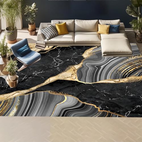 Schwarz Gold Marmor Schlafzimmerteppich, 140x200cm, LuxuriöSe Abstrakte Kunst Heimdekor-Teppich, Gummierte RüCkseite Maschinenwaschbar Fusselfrei DüNn Kurzflor-Teppich für Eingang Sofa von SMXVRC
