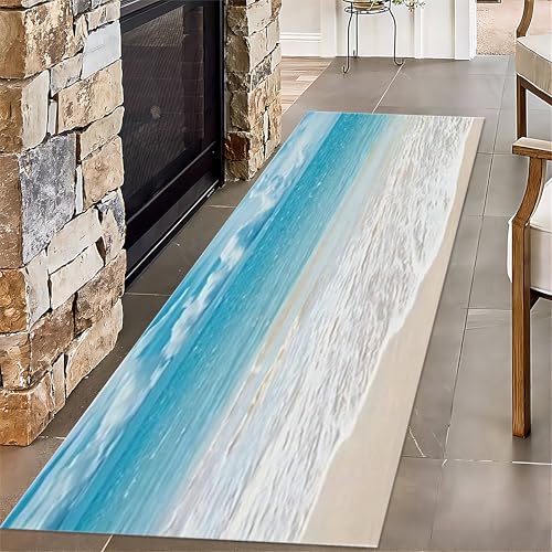 Strand Wohnzimmer Teppich, 60x240cm, Blauer Himmel Weiße Wolken Ozean Bodenteppich, Komfortabel Langlebig Fusselfrei Farbbeständig Waschbar Teppich für Innenbereich Bettbereich von SMXVRC