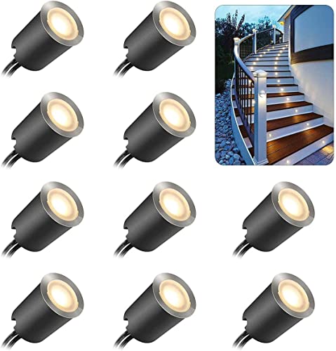 SMY 10er LED Bodeneinbaustrahler Terrassen Einbaustrahler Aussen, IP67 wasserdicht 12V 0,6W Ø32mm Treppen Holzdeck Garten Terrassenbeleuchtung 2800K(Mit EU-Stecker) von SMY Lighting