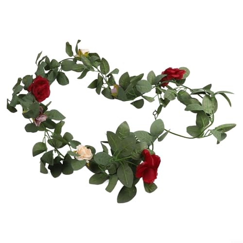 Künstliche Rosenranke, 200 cm, Kunststoff-Rattan mit weinroten Blumen und grünen Blättern, für Hochzeitsbogen, Tische, Treppentür und Gartendekoration von SMZhomeone