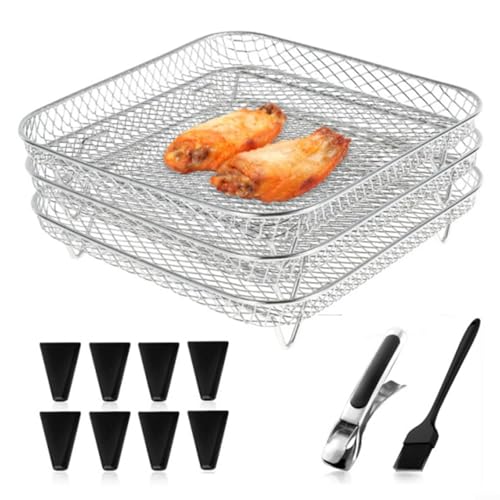 SMZhomeone 13-teiliges Set Air Fryer Rack 3 Etagen mit 8 Silikonfüßen und 1 Bürste und Ordner rechteckig Edelstahl Dörrator Rack für Air Fryer von SMZhomeone