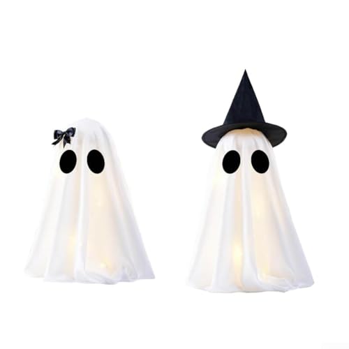 SMZhomeone 2 Stück Halloween-Specter-Dekorationen mit eingebauten Batterielichtern, mit Geistern mit Hexenhut und Schleife, entworfen für den Innenbereich und Party-Atmosphäre von SMZhomeone