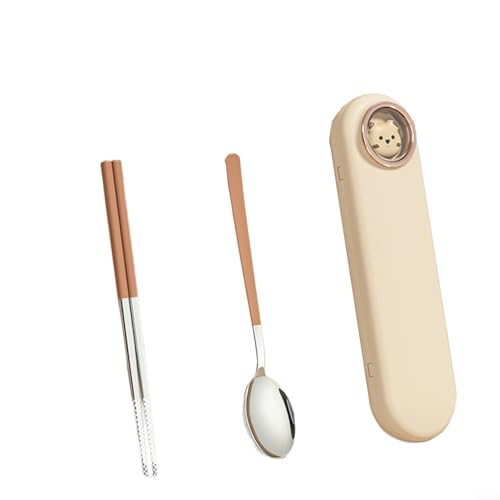 SMZhomeone 3-teiliges tragbares Edelstahl-Besteck-Set mit Aufbewahrungsbox, Reisebesteck-Set, Gabel, Löffel, Essstäbchen für Lunchbox, Camping (braun 2) von SMZhomeone