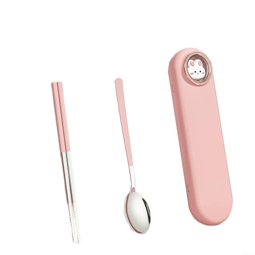 SMZhomeone 3-teiliges tragbares Edelstahl-Besteck-Set mit Aufbewahrungsbox, Reisebesteck-Set, Gabel, Löffel, Essstäbchen für Lunchbox, Camping (rosa 2) von SMZhomeone