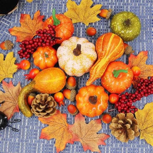 SMZhomeone Herbst-Heimdekor-Set 50 Stück – Mini-Kürbisse Tannenzapfen Blätter für Thanksgiving Halloween Weihnachten Tisch Kamin Kaminsims Ernte Dekorationen PVC von SMZhomeone
