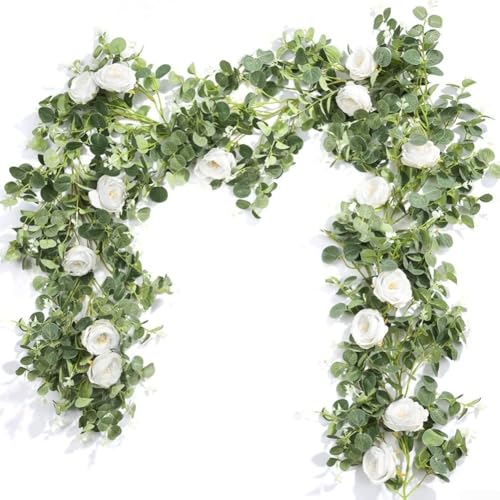 SMZhomeone Künstliche Eukalyptus-Girlande, weiße Rose, Blumenranke, Seidenblätter, Hochzeitstischhintergrund, Heimdekoration, 2 m SMZhomeone Künstliche Eukalyptus-Girlande, weiße Rose, Blumenranke, Seidenblätter, Hochzeitstischhintergrund, Heimdekoration, 2 m von SMZhomeone