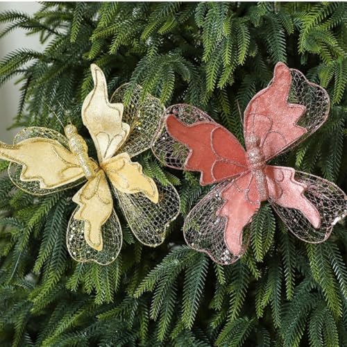 SMZhomeone Weihnachts-Schmetterlingspieße, dekorative Ornamente für Baum und Heimdekoration – 6 Farben: Rot, Gold, Rosa, Grün, Weiß, Roségold, 22 x 20 cm, Stoff, festliche Dekoration (Gold) von SMZhomeone