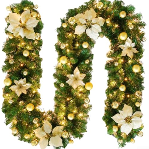 SMZhomeone Weihnachtsgirlande für Treppen, 2,7 m, Kunststoffrebe für Feiertagsdekorationen, hängende Weihnachtstreppen-Ornamente für Haustür, Treppenhaus, Veranda (Gold) von SMZhomeone