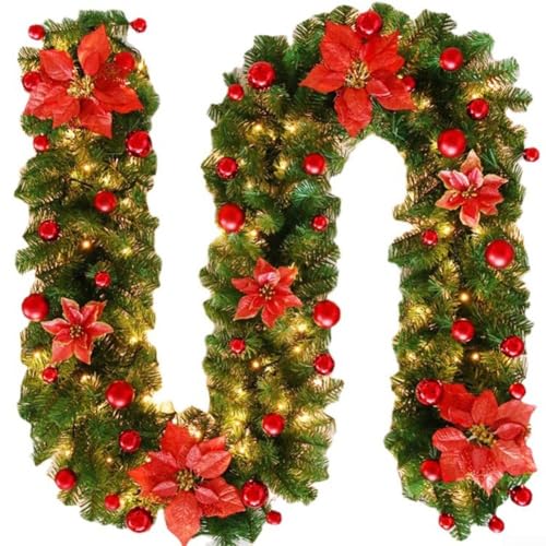SMZhomeone Weihnachtsgirlande für Treppen, 2,7 m, Kunststoffrebe für Feiertagsdekorationen, hängende Weihnachtstreppen-Ornamente für Haustür, Treppenhaus, Veranda (rot) von SMZhomeone