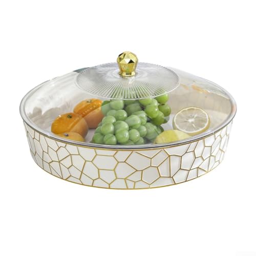 Transparenter runder Teller mit Deckel für Obst, Snacks und Salate, aus starkem PET-Kunststoff, praktisches Küchengeschirr für den täglichen Gebrauch (25 x 25 x 14 cm, Weiß und Gold) von SMZhomeone