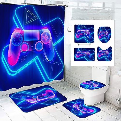 SMchwbc 4-teiliges Gaming-Duschvorhang-Set Gaming Duschvorhang 180x200 Gamer GamingTextil Duschvorhänge Polyester Badezimmerteppich 4-teiliges Set (180 x 180 cm(BxH),6) von SMchwbc