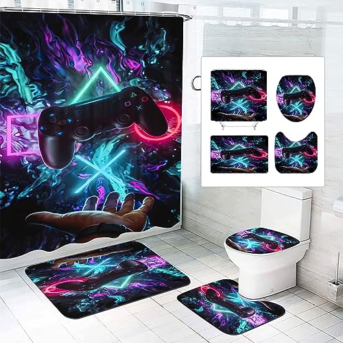 SMchwbc 4-teiliges Gaming-Duschvorhang-Set Gaming Duschvorhang 180x200 Gamer GamingTextil Duschvorhänge Polyester Badezimmerteppich 4-teiliges Set (180 x 200 cm(BxH),4) von SMchwbc