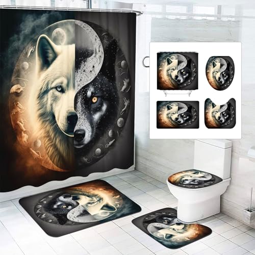 SMchwbc 4-teiliges Wolf Duschvorhang-Sets Waldmond Wolf Duschvorhang 180x200 Wölfe Textil Wald Tier Duschvorhänge Polyester Badezimmerteppich 4-teiliges Set (120 x 200 cm(BxH),4) von SMchwbc
