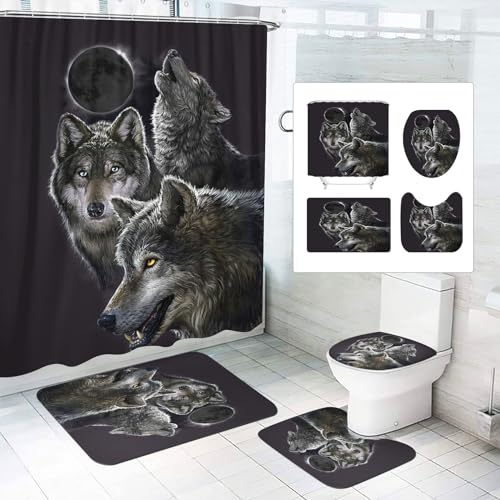 SMchwbc 4-teiliges Wolf Duschvorhang-Sets Waldmond Wolf Duschvorhang 180x200 Wölfe Textil Wald Tier Duschvorhänge Polyester Badezimmerteppich 4-teiliges Set (180 x 180 cm(BxH),10) von SMchwbc