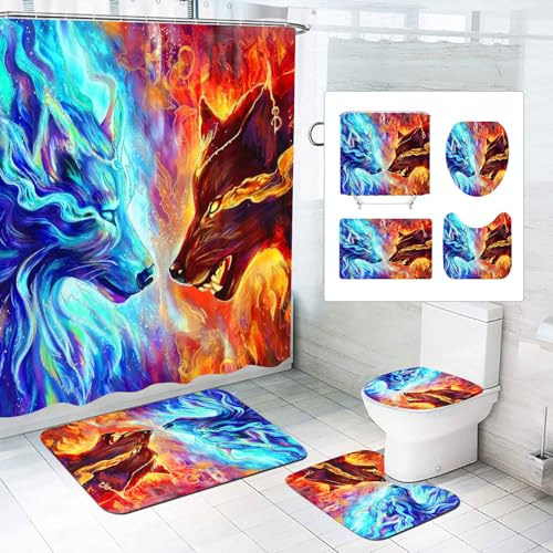 SMchwbc 4-teiliges Wolf Duschvorhang-Sets Waldmond Wolf Duschvorhang 180x200 Wölfe Textil Wald Tier Duschvorhänge Polyester Badezimmerteppich 4-teiliges Set (180 x 180 cm(BxH),9) von SMchwbc