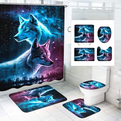 SMchwbc 4-teiliges Wolf Duschvorhang-Sets Wolf Duschvorhang 180x200 Wölfe Textil Wald Tier Duschvorhänge Polyester Badezimmerteppich 4-teiliges Set (180 x 200 cm(BxH),6) von SMchwbc