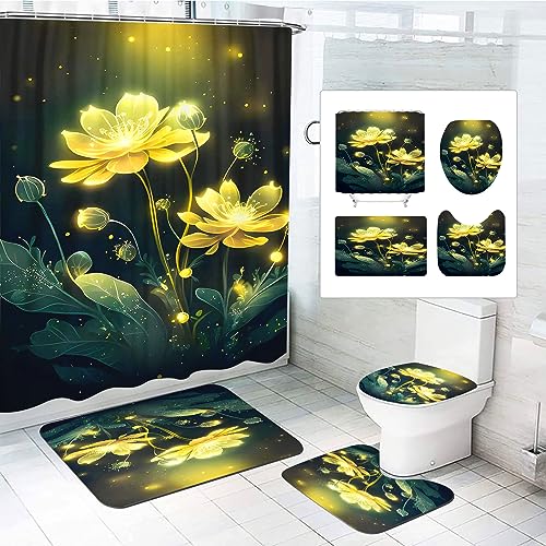 SMchwbc 4Pcs Rose Duschvorhänge Set Blumen Dusche Vorhang Set Mit Teppichen 4-teiliges, Rose Flower Regentropfen-Duschvorhang Rosa Blümchen Shower Curtains wasserdichter (120 x 200 cm(BxH),3) von SMchwbc