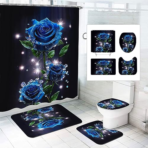 SMchwbc 4Pcs Rose Duschvorhänge Set Blumen Dusche Vorhang Set Mit Teppichen 4-teiliges, Rose Flower Regentropfen-Duschvorhang Rosa Blümchen Shower Curtains wasserdichter (180 x 180 cm(BxH),6) von SMchwbc