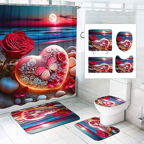 SMchwbc 4Pcs Rose Duschvorhänge Set Blumen Dusche Vorhang Set Mit Teppichen 4-teiliges, Rose Flower Regentropfen-Duschvorhang Rosa Blümchen Shower Curtains wasserdichter (180 x 180 cm(BxH),8) von SMchwbc