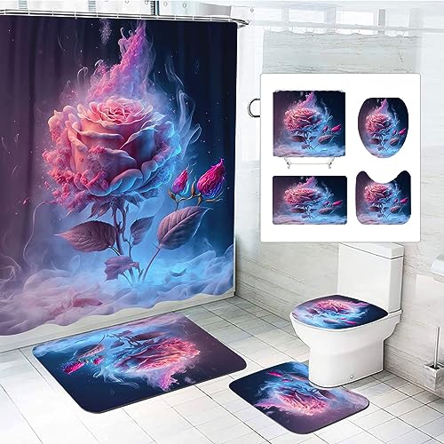 SMchwbc 4Pcs Rose Duschvorhänge Set Blumen Dusche Vorhang Set Mit Teppichen 4-teiliges, Rose Flower Regentropfen-Duschvorhang Rosa Blümchen Shower Curtains wasserdichter (200 x 200 cm(BxH),10) von SMchwbc