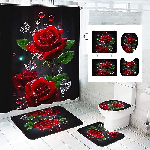 SMchwbc 4Pcs Rose Duschvorhänge Set Blumen Dusche Vorhang Set Mit Teppichen 4-teiliges, Rose Flower Regentropfen-Duschvorhang Rosa Blümchen Shower Curtains wasserdichter (200 x 240 cm(BxH),1) von SMchwbc
