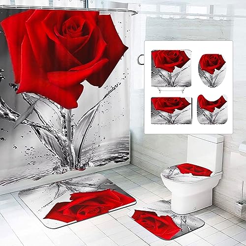 SMchwbc 4Pcs Rose Duschvorhänge Set Blumen Duschvorhang 180x180 180x200 Rosa Rosen Blümchen Shower Curtains Badezimmerteppich 4-teiliges Set (200 x 200 cm(BxH),10) von SMchwbc