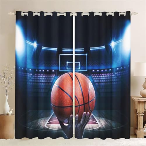 SMchwbc Basketball Blickdichte Vorhänge Basketball Fenstervorhang Schlafzimmer Blickdicht 3D Basketball Sport Verdunkelungsvorhäng 2er Set Gardinen für Dekoration (3,150 x 166cm(2X75X166cm)) von SMchwbc