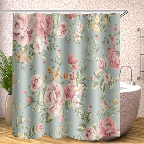 SMchwbc Blumen Duschvorhang Blume 120x200 180x200 180x180 200x240 Textil Rosa Rose Bunt Pink Blau,100% Polyester, Shower Curtains Wasserdicht (1,120 x 200 cm) von SMchwbc