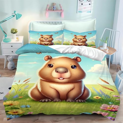 SMchwbc Capybara Bettwäsche 135x200 Kinder Capybara Liebhaber Bettbezug für Mädchen Jungen Weiche Mikrofaser Cute Capybara Bettwäsche Set Mit Reißverschluss (3,140 x 210 cm) von SMchwbc