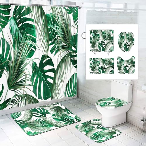 SMchwbc Duschvorhang Grüne Blätter Tropische Pflanze Duschvorhänge 180 x 180 cm Palmen Blätter Shower Curtains Wasserdicht Badezimmerteppich 4-teiliges Set (180 x 200 cm(BxH),7) von SMchwbc