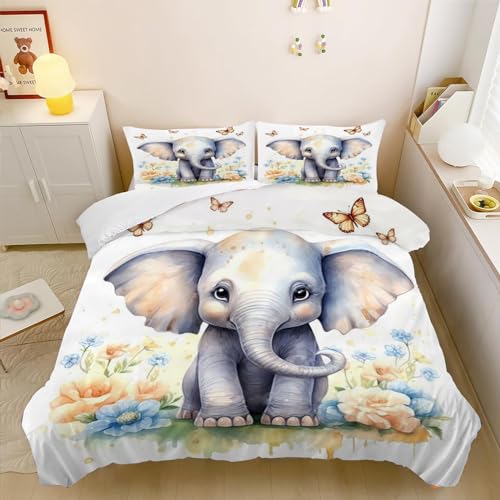 SMchwbc Elefant Bettwäsche 135x200 Kinderbettwäsche Elefant Für Jungen Mädchen, Elephant Bettwäsche-Set 3D Drucken Mikrofaser Elefant Wildtier Bettbezug Und Kissenbezug (135 x 200 cm,5) von SMchwbc