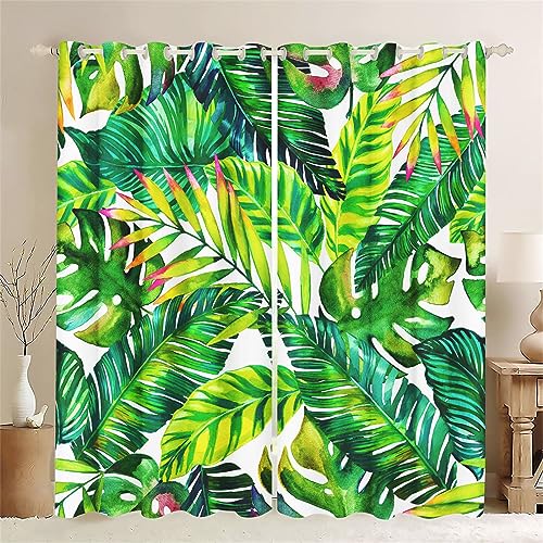 SMchwbc Gardinen Blickdichter Grüne Palmblätter Tropische vorhänge Pflanzen für Schlafzimmer 3D Druck 100% Polyester Blätter Verdunklungsgardine 2er Set (4,150 x 166cm(2X75X166cm)) von SMchwbc