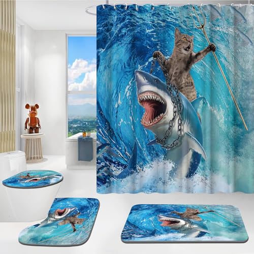 SMchwbc Hai Katzen Duschvorhang 180x180 Ozean Katze Hai Fische Duschvorhänge Set Polyester Katze Shower Curtains Badezimmerteppich 4-teiliges Set (1,180 x 200 cm(BxH)) von SMchwbc