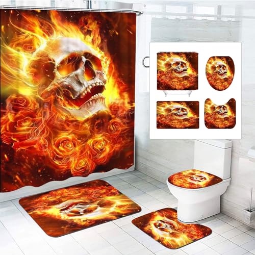 SMchwbc Halloween Duschvorhang Skull 180x200 180x180 Totenkopf Blumen Pflanze Duschvorhänge Set Skelett Vorhang Wasserdicht Badezimmerteppich 4-teiliges Set (180 x 180 cm(BxH),9) von SMchwbc