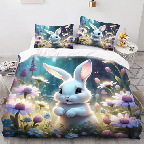 SMchwbc Hase Bettwäsche 135x200 Kinder Hasen Mädchen Jungen, Süßer Hase Bettbezug-Set Weiche Mikrofaser Hase Bettwäsche Set Mit Reißverschluss Und 2 Kissenbezügen (140 x 210 cm,9) von SMchwbc